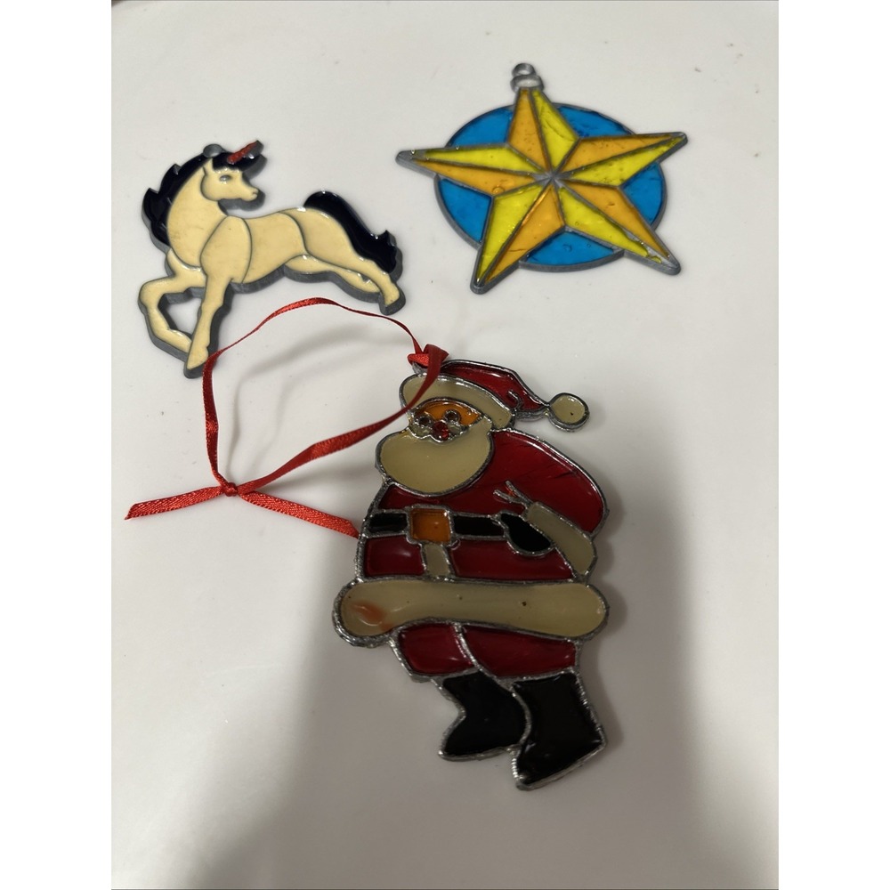 Set of 3 Vtg Christmas Leaded Stained Glass Suncatcher Ornaments All Around 3-4"